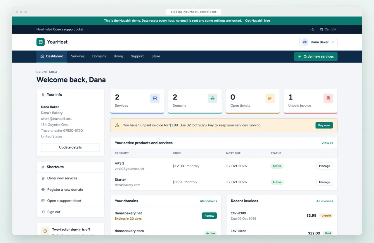 The Nuvabill client area dashboard with services, domains, invoices and account panels