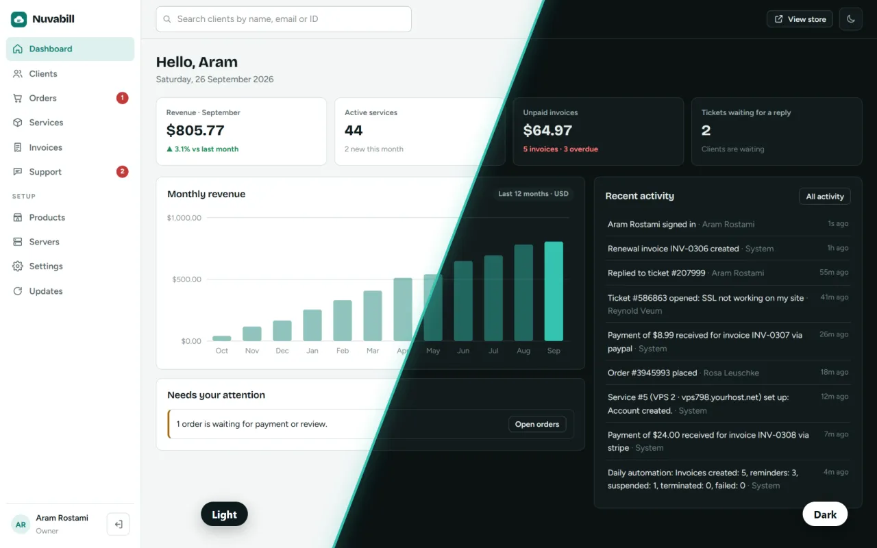 The Nuvabill dashboard in light and dark mode
