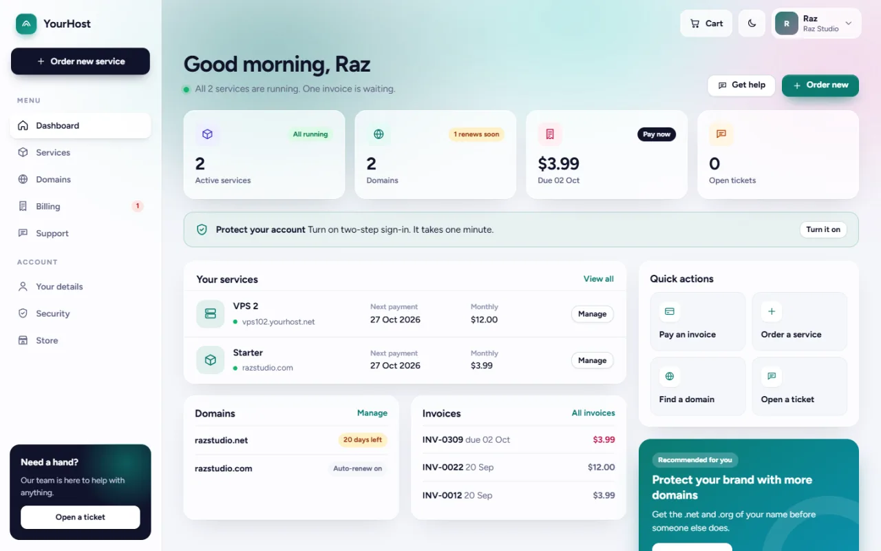 The Aurora client area: a glass dashboard with services, domains, invoices and quick actions