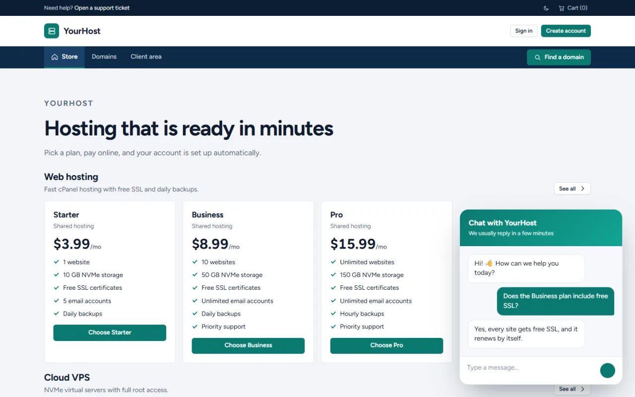 Live chat widget: a chat window open on the store page