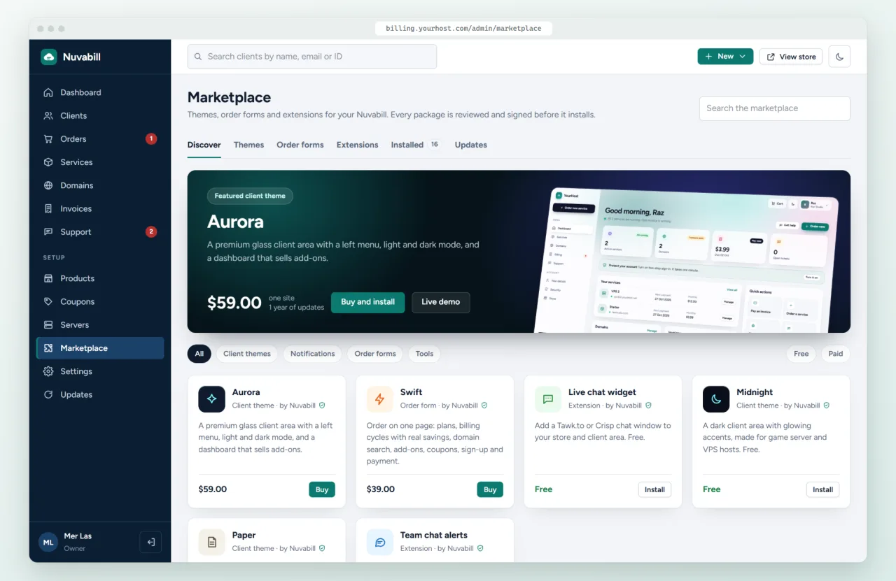 The Nuvabill Marketplace page in the admin area with themes, order forms and extensions