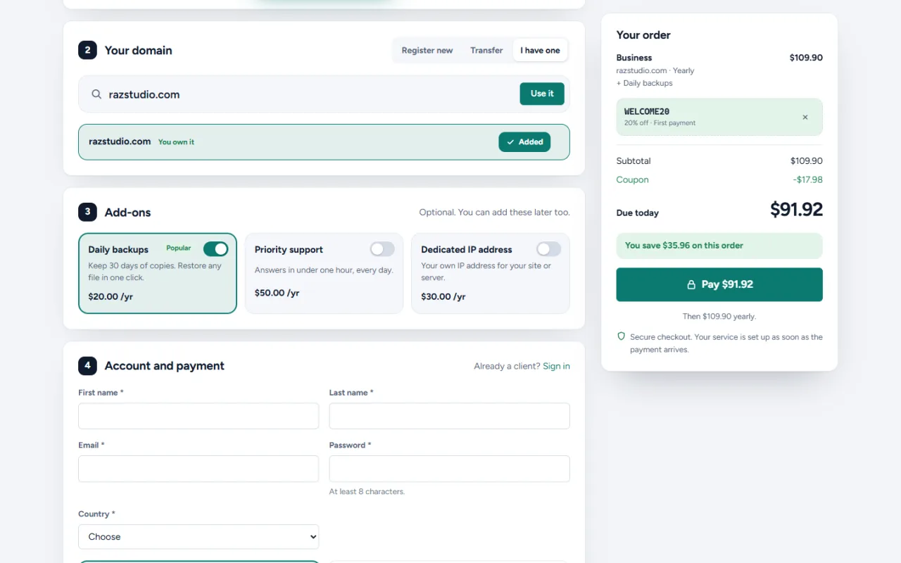 The Swift order form: domain, add-ons and a live order summary with a coupon on one page